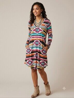 Heimish USA Southwestern Aztec V-Neck Mini Dress Pockets S Festival Western